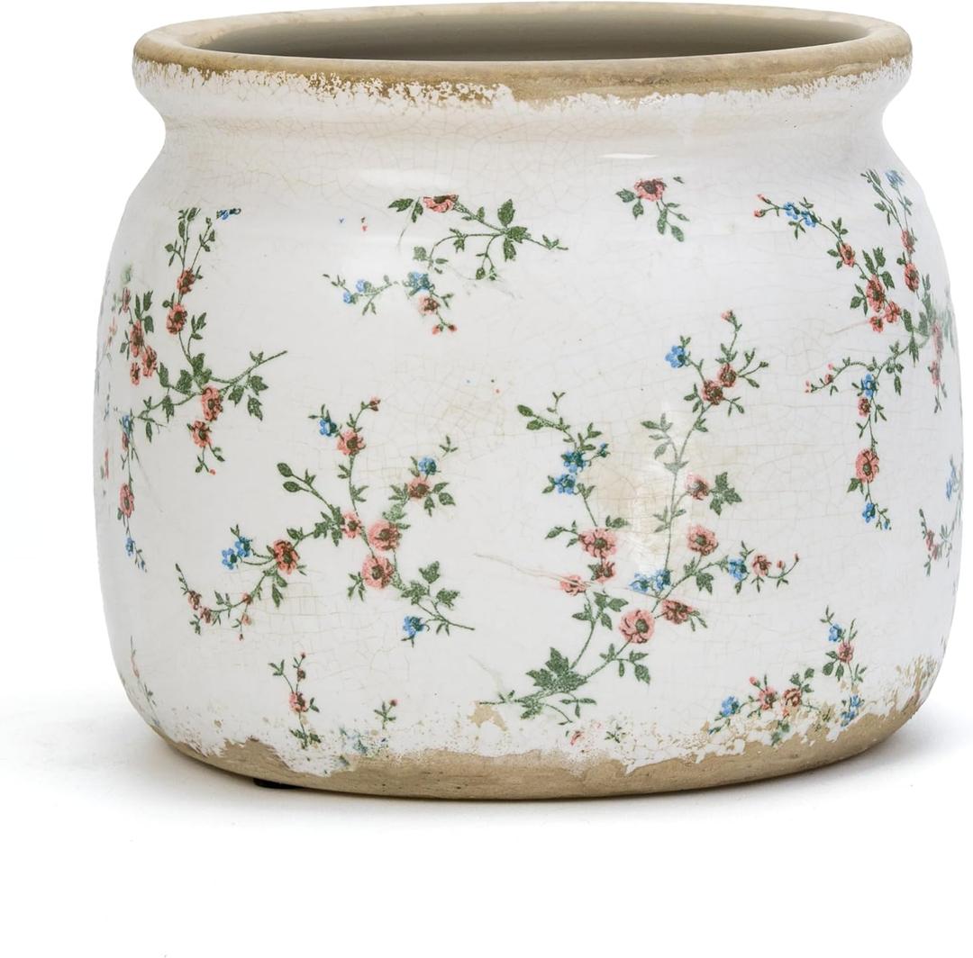 Vintage Ceramic Ice Crack Flower Pot with Drainage Holes, Country Rustic Planters for Indoor and Outdoor,Tuscan Decor,Home,Living Room, Garden Decor, Gardening Gift (French)