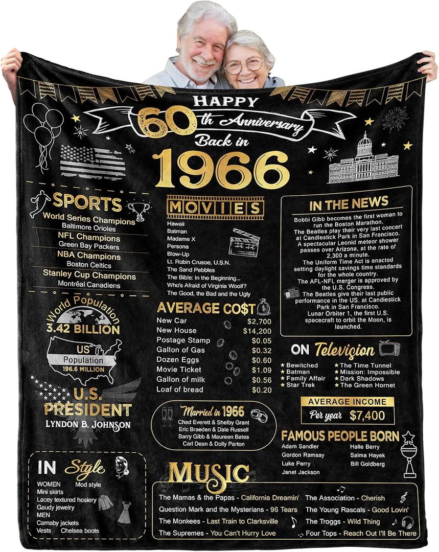 60th Anniversary Blanket Gifts Gift for 60th diamond Wedding Anniversary Sixty Years of Marriage Gifts for Couple Wife Husband Dad Mom Parents Grandpa Grandma Grandparents Back in 1966 Blanket 60x50