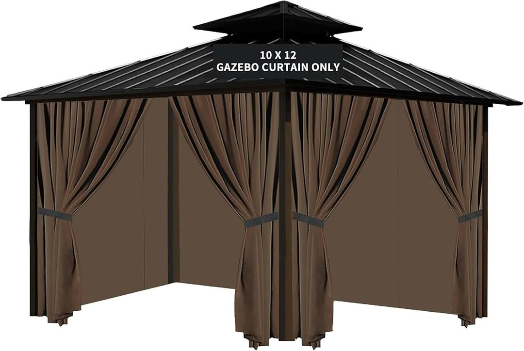10'x12' Gazebo Curtains Outdoor Waterproof, Brown Universal Replacement Curtain 4-Panels, Sidewalls with Zipper for Garden, Patio, Yard (Only Curtains)