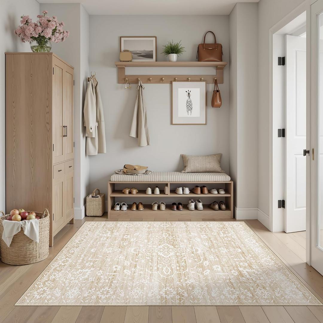 Soalmost Area Rugs 4x6 for Living Room, Neutral Washable Rugs for Dining Room, Entryway, Kitchen, Floral Vintage Non-Slip Area Rug Farmhouse 4'x6' Beige