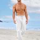 Men's Linen Pants Lightweight Drawstring Elastic Waist Pockets Loose Fit Straight Legs Summer Beach Yoga