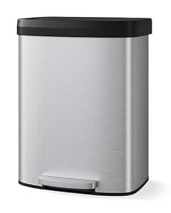 Garvee 16 gal / 60 L Stainless Steel Trash Can with Lid, Large Garbage Can for Kitchen, Rustproof Step-on Kitchen Metal Trash Bin with Liner Rim, Rear Handle, Soft Close Plastic Lid, Silver