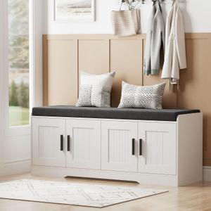 Homleke 2-Tier Storage Bench, Shoe Bench with Thickened Padded Seat Cushion, Entryway Bench with 4 Doors, Adjustable Shelf, 13.8" D x 45.3" W x 18.5" H, for Entryway, Living Room, Bedroom, White