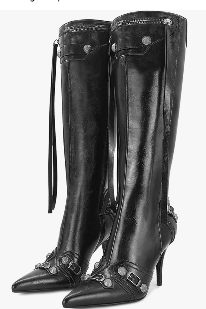 Dsevht Women's Stiletto Black Knee High Boots Sexy Pointed Toe Boot Fashion Trendy High Heel Boots Zipper Black 7,5, Black