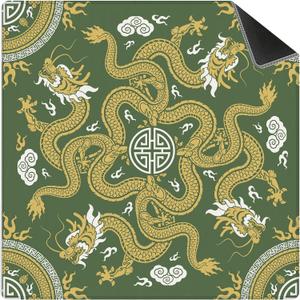 Green and Yellow Chinese Dragon Mahjong Mat 31.5 x 31.5 in, Green Dragon Mahjong Gifts for Women, Vintage Oriental Chinoiserie Home Decor Anti-Slip Table Cover Tablecloth