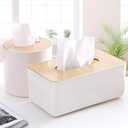 Cabilock Round Wooden Tissue Box Holder 5.1 Inch Compact Tissue Dispenser for Bathroom Kitchen Living Room Napkin Storage