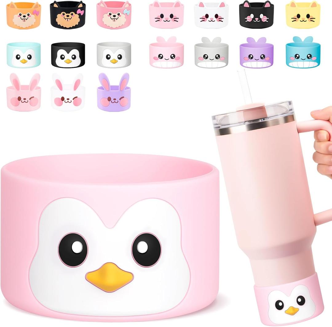 for Stanley Boot, Cute Cartoon Animal Silicone Boot for Stanley Cup 40 oz Quencher Adventure Tumbler, Water Bottle Boot for Stanley Iceflow 20 30 Oz, Stanley Cup Boots Accessories Protector Cove (Penguin - Pink)