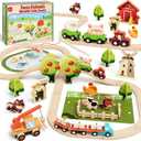 Lehoo Castle Wooden Train Set for Toddlers 2-4, Wooden Train Track, Farm Animals Toys for Ages 3-5, 3 Year Old Boy Gift, Toys for 4 Year Old Boys