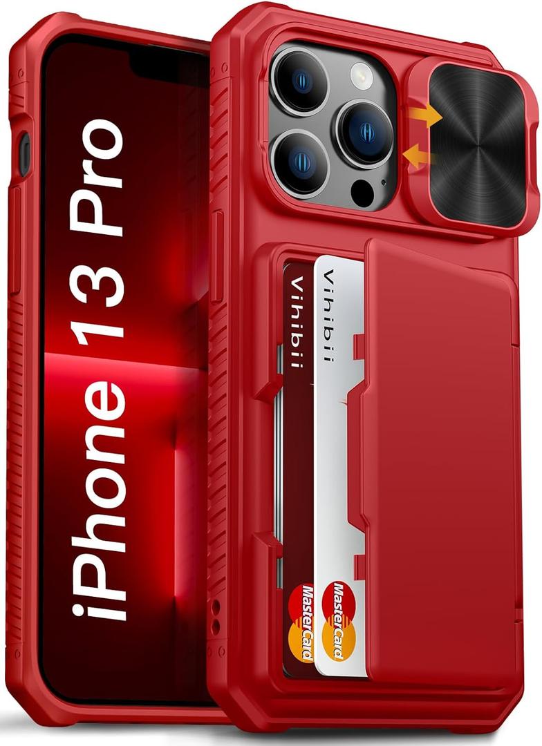 Vihibii for iPhone 13 Pro Case with Card Holder (4 Cards), [RFID Blocking] & Slide Camera Cover, Military Grade Drop Protection, Heavy Duty Shockproof Wallet Case for iPhone 13 Pro, 6.1" 2021, Red