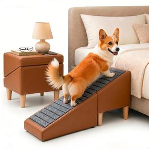 2-in-1 Dog Stairs for Bed & Couch, Foldable Leather Pet Ramp Steps 2-in-1 foldable dog stairs for bed & couch with non-slip grip, joint protection, solid wood build, and ottoman design, Size Name: Large,  Product dimensions 76.2D x 38.1W x 36.8Hcm
