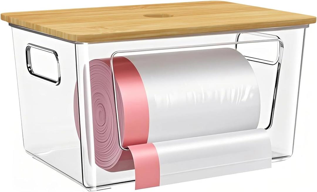 Trash Bags Holder, Stackable Trash Bag Dispenser with Bamboo Lid Extra Large Garbage Bag Holder for Kitchen, Laundry Room, Under-Sink Storage Organization 1 pack