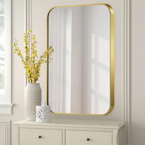 FARMER 24x32 Inch Matte Gold Bathroom Mirrors for Wall, Brushed Bathroom Vanity Mirror with Rounded Edge, Metal Framed Rectangle Mirrors for Bathroom or Living Rooms, Hangs Horizontally or Vertically (32"L x 24"W, Gold(matte))
