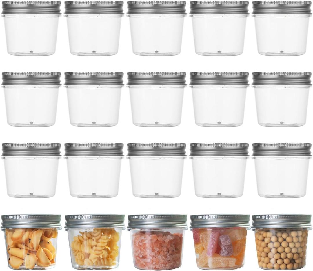 Plastic Jars With Lids 20Pcs 4 oz Mason Jars Small Mason Jars 4 oz Storage Containers (Silver, 20 Pack 4 Ounce)