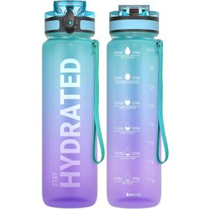 Sahara Sailor Water Bottle 32oz, Durable and Leakproof Water Bottles Motivational with Time Marker, Tritan, BPA Free, Wide Mouth with Easy Clean Brush for Gym, Travel, Home, School, Office (1 Bottle) (33.8 Ounces, Galaxy Magic)