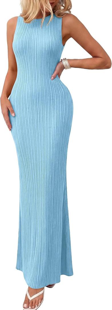 PRETTYGARDEN Women's 2025 Summer Casual Maxi Dresses Ribbed Knit Sleeveless Bodycon Elegant Going Out Beach Vacation Clothes (Light Blue, Medium)