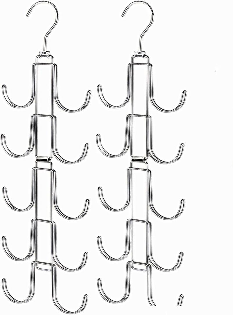 2 Pack Purse Organizer for Closet, Bag Organizers with 20 Big Hooks, 360 Degree Rotation Purse Hanger for Display, Collapsible Space Saving Hangers Rack for Handbag, Belt, Scarve, Tie, White (Silver)