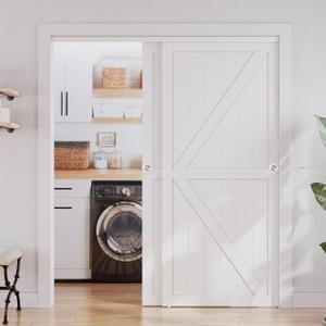 SMARTSTANDARD Closet Sliding Door, 72"×80"(Double Barn Doors 37"), Double K Shape Sliding Door with Hardware Kit, Pre-Drilled Door Panel, Need to Assemble, MDF with PVC Surface, White