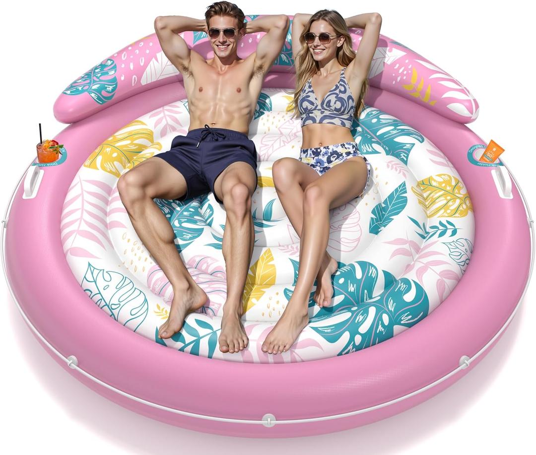 JOSEN Pool Floats Adult, Inflatable Tanning Pool - Extra Large Pool Floats for Adults Heavy Duty, Round Pool Rafts, River Lake Floaties Water Floats with Cup Holders (Pink White)