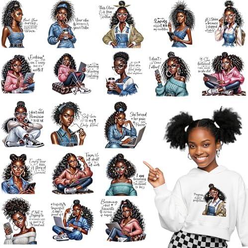 Girl Iron on Transfers for T-Shirts, 20 Pcs Modern Black Girl DTF Transfers Ready to Press, Empowering Iron on Decals, Heat Transfer Vinyl for Bag Pillow Clothing, DIY Crafts