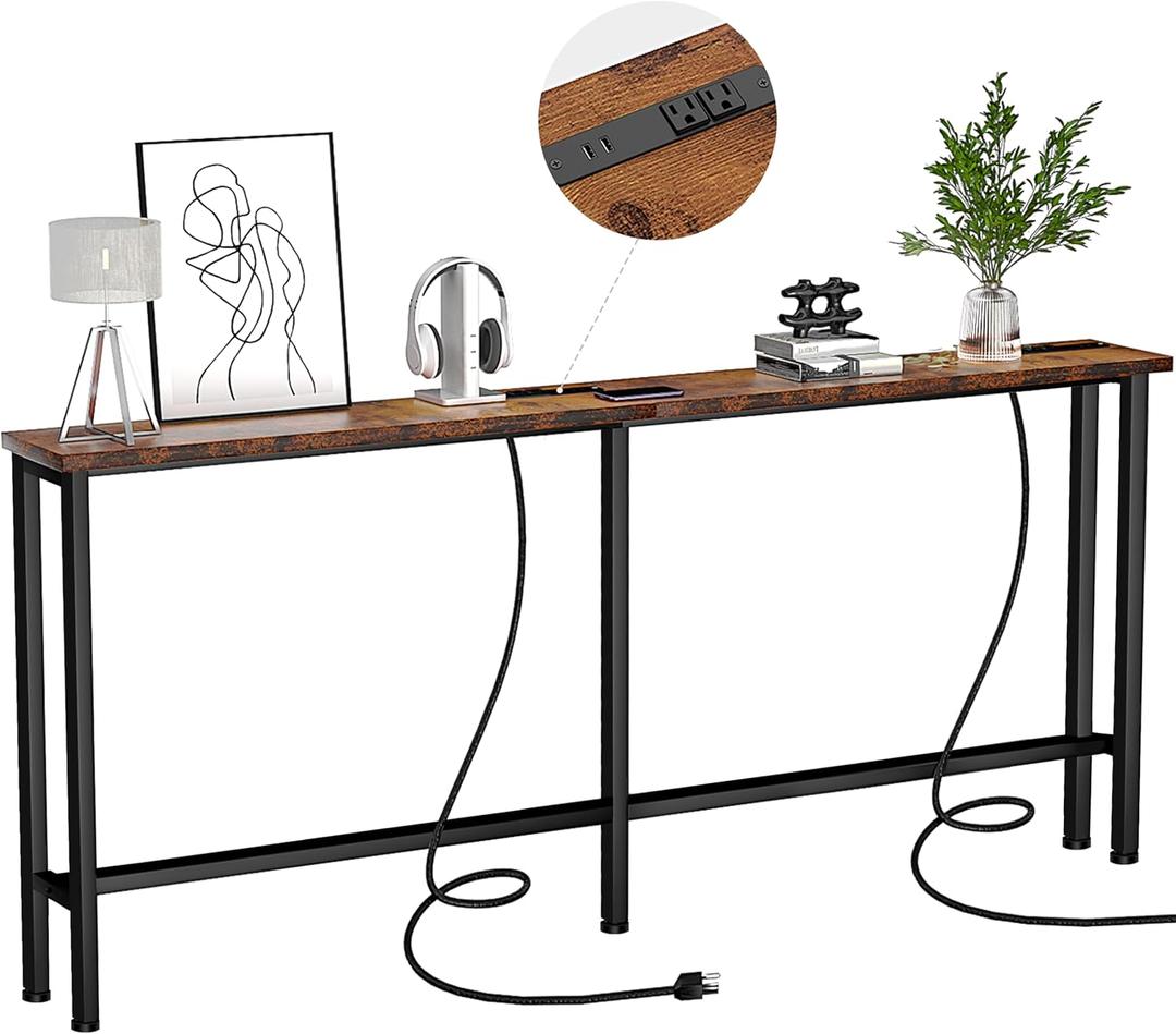 78" Narrow Console Sofa Table - 2 Power Outlets & 4 USB Ports, Metal Frame, Rustic Brown, Perfect for Hallway, Office, and Behind Sofa - Easy Assembly, 4.9' Extension Cord Included