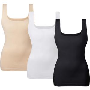 EUYZOU Women Tummy Control Shapewear Tank Tops Seamless Square Neck Compression Tops Slimming Body Shaper Camisole (XX-Large, Black/White/Nude 3pk)