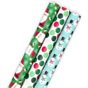 Hallmark Christmas Wrapping Paper with Cutlines on Reverse (3 Rolls: 90 Sq. Ft. Total) Santa Claus, Polka Dots, Snowmen
