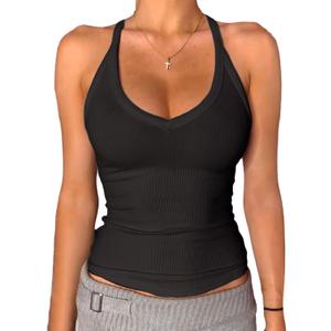 Danysu V Neck Racer Back Tank Top for Women Padded Ribbed Long Tank Fitted Basic Cami Tops (Small, Black)