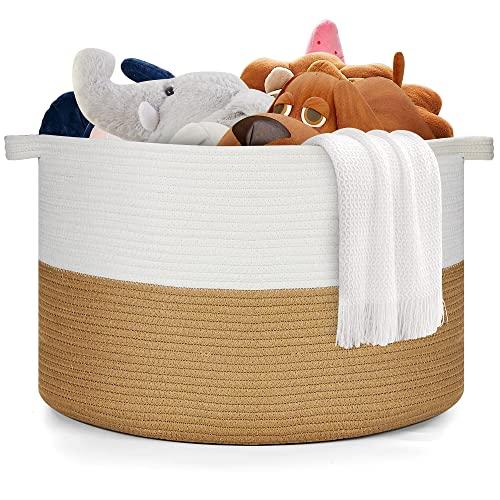 Ravinte Blanket Basket - 20"x 20"x 13" Cotton Rope Basket for Living Room, Baby Toy Storage Basket, Large Woven Laundry Basket (White -Brown)