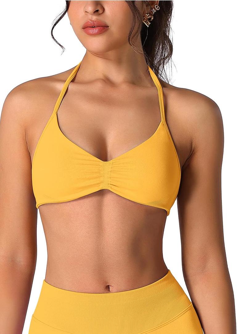 ABOCIW Women Seamless Halter Sports Bra Open Back Padded Gym Workout Crop Tank Tops Low Impact Bra (Yellow)