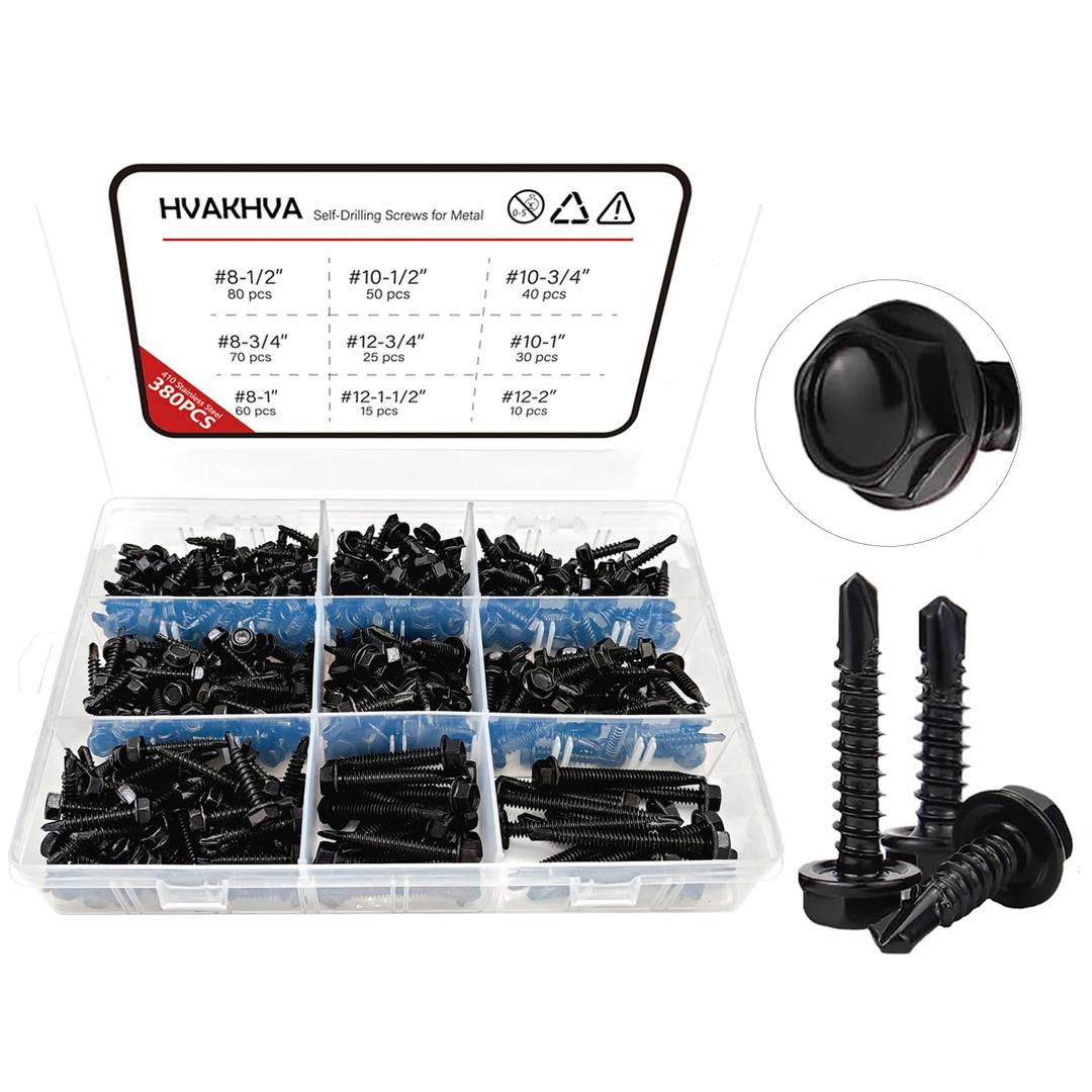 Black Self Tapping TEK Screws Assortment,410 Stainless Steel #8#10#12 Hex Head Self Drilling Screws for Metal
