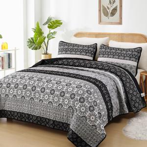 WONGS BEDDING Boho Quilt Set Queen Size,Black Bohemian Striped Patchwork Bedspread Set,3 Pieces Microfiber Bedding Set for All Seasons (96"x90")