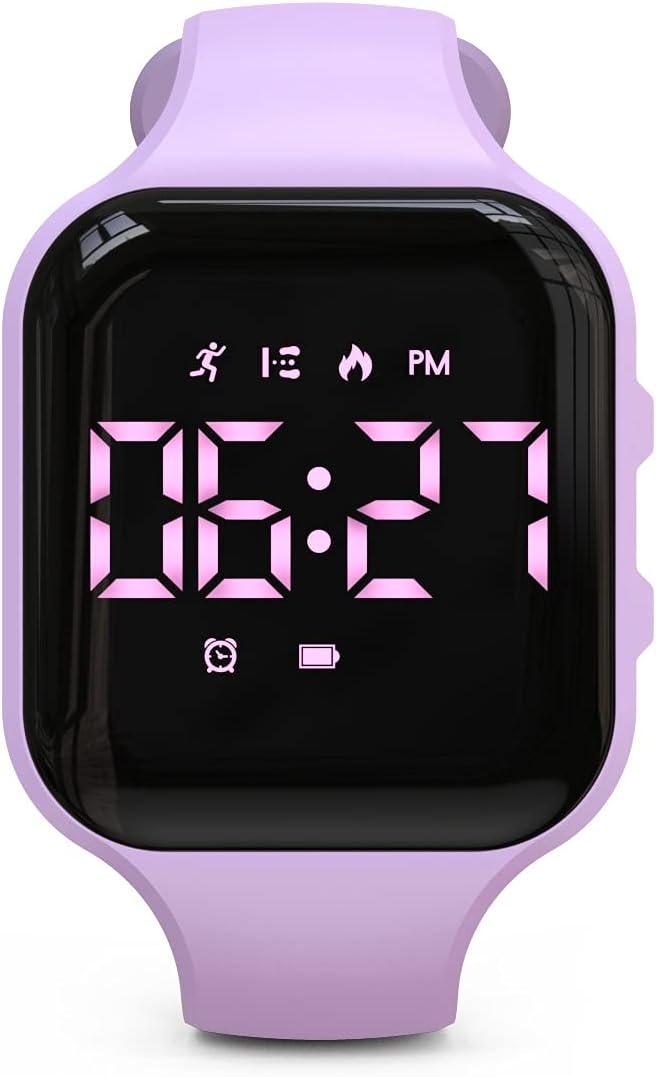 Non-Bluetooth Led Fitness Tracker Watch, Digital Pedometer Watch, with Step Counting/Distance/Calories/Stopwatch/Alarm Clock, Great Gift for Kids Teens Girls Boys Xmas (Square - purple)