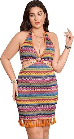 Women's Plus Size Halter Dress Boho Striped Ring Linked Tassel Hem Summer Western Mini Dresses, 2XL