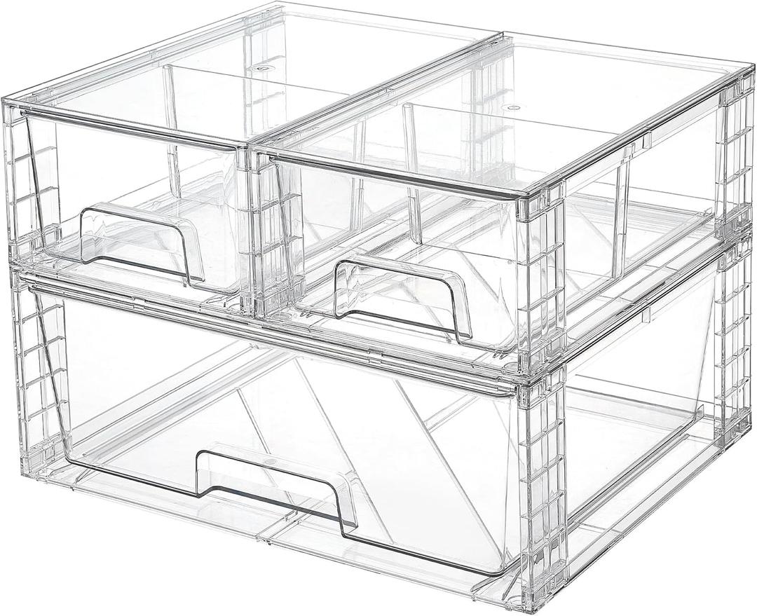 3 Pack Stackable Storage Drawers, Easily Assemble Acrylic Bathroom Undersink Organizers,Clear Plastic Storage Bins for Closet,Cabinet,Pantry,Medicine Organization