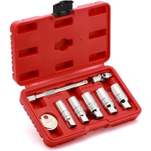 8-Piece 3/8 Inch Drive Spark Plug Socket Set with Spark Plug Gapper, Universal Joint and Extension Bar, SAE & Metric, 5/8-inch, 3/4-inch, 13/16-inch, 14mm, 18mm, CR-V Steel Sockets with Rubber