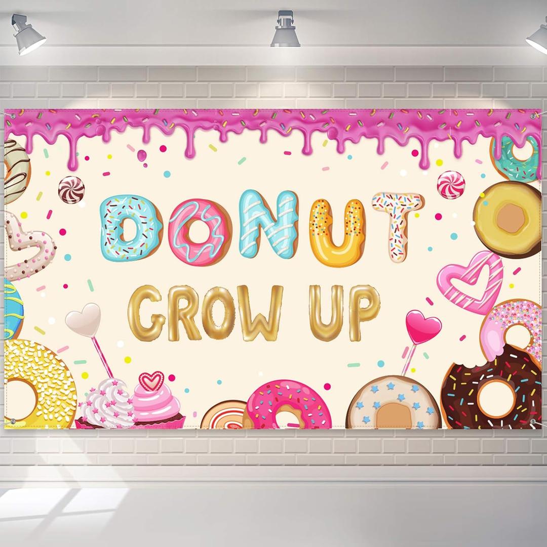 Donut Grow up Birthday Backdrop Sweet Donuts Photography Background Party Decorations for Newborn Kids Girls Birthday Party Baby Shower Supplies