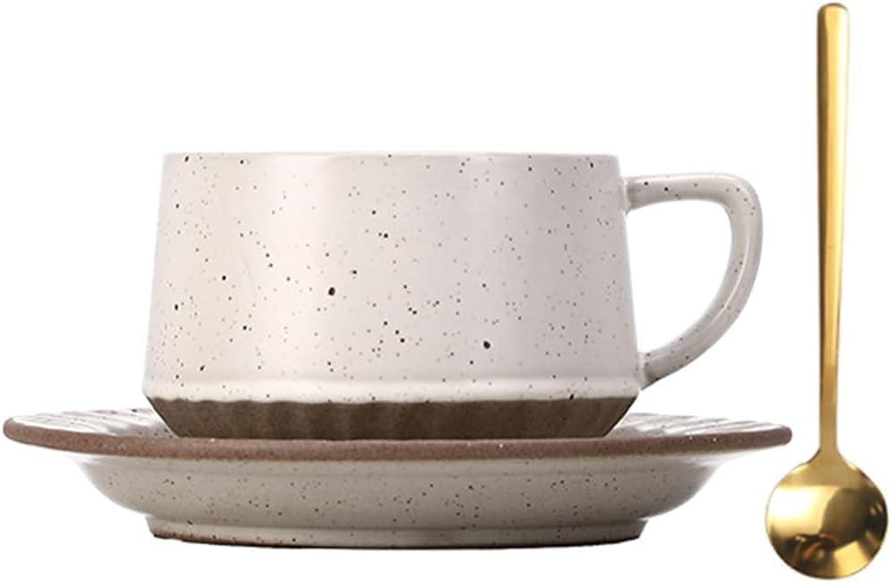 Vintage Ceramic Tea Cup and Saucer Set with Spoon, 10 oz Minimalist Porcelain Coffee Mug (Cream Fleck)
