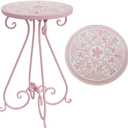 Vintage Outdoor Side Table Round Mosaic Ceramic Tile Top 14" Diameter Metal Plant Stand for Flower Pots Vase Garden Home Porch Pool Indoor Decor Weather Resistant Outside Patio Accent End Furniture, Round, 14-inch diameter x 21-inch height