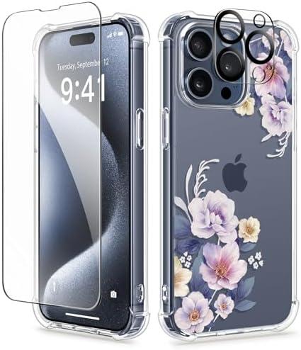 GVIEWIN for iPhone 15 Pro Case, [3 in 1] with Screen Protector & Camera Lens Protector, Clear Hard Shockproof Slim Fit Floral Phone Cover for Women Girls 2023 6.1" (Begonia Flowers/Blue)2 Pack