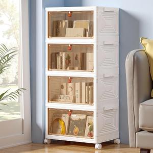 VECELO 4 Tier Storage Bins with Lid, Stackable Storage Boxes with Magnetic Doors & Wheels, Foldable Storage Containers, 23 QT Closet Organizers and Storage for Living Room, Office, Dorm