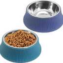 kathson 2PCS Stainless Steel Dog Bowls Set Removable no tip Puppy Food and Water Feeder Bowl Basic Metal Small Dog Bowls for Dogs Cats Rabbit Guinea Pigs Ferret (Roman Column (Blue, Green))