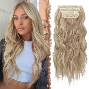 FESHFEN Clip in Hair Extensions - 4 PCS Long Wavy Thick Highlighted Clip in Hairpieces Full Head Synthetic Hair Extension for Women, Caramel Brown Mixed Beige Blonde 20 Inch