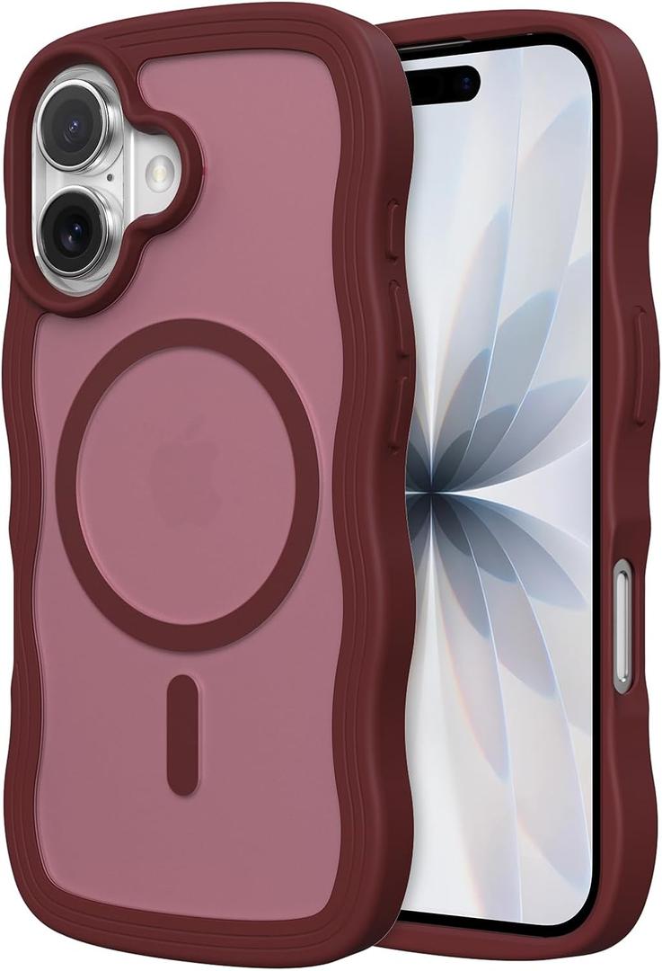 ZTOFERA for iPhone 17 Phone Case Compatible with MagSafe, Curly Wave Frame & Matte Translucent Hard Back, Soft Silicone Bumper Shockproof Protective Magnetic Phone Cover-Wine Red