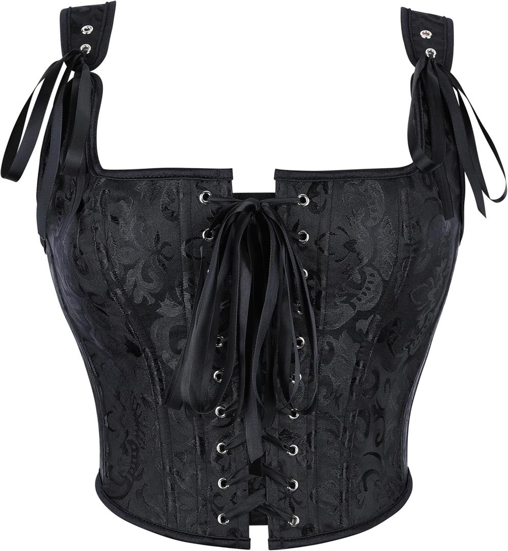 FGSS Women's Corset Top Bustier Renaissance - Vintage Lace Up Floral Print Corset Bodyshaper Boned Overbust (Black Jacquard)