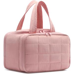 Travel Toiletry Bag, Puffy Wide-open Quilted Makeup Bag for Women,Lightweight Cosmetic Travel Bag Organizer with Handle for Traveling, Accessories, Essentials Toiletries, Pink