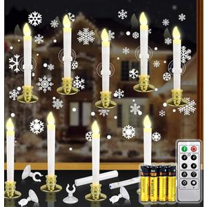 10 Set Christmas Window Candles Lights with Timer Battery Operated Electric LED Taper Candles Flameless for Windows, Gold Candle Holders, Suction Cups & 20 PCS Battery Included (10 Set)