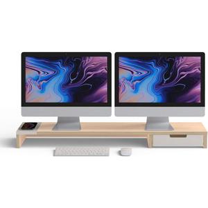 POUT E9 Dual Monitor Stand with Drawer - Wireless Charger and USB Hub (Maple White)