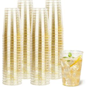 I00000 50 Pack 12 oz Gold Glitter Plastic Cups, Clear Disposable Cups, Disposable Plastic Wine Glasses Cocktail Glasses Premium Cups, 12 Ounce Glitter Tumblers for Party & Wedding