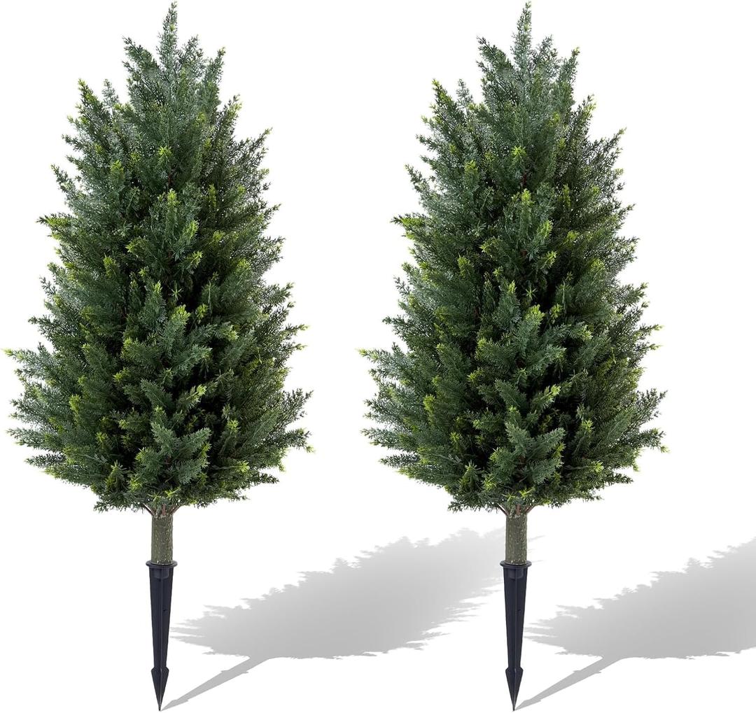 Pair Artificial Cedar Topiary Trees, 3ft UV-Resistant Faux Cypress shrubs w/Ground Spikes (Including Lights),Tall Evergreen Decorative Plants for Outdoor & Indoor Porch, Patio, and Garden