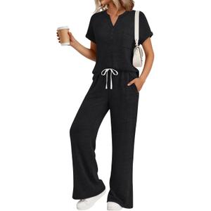 Trendy Queen 2 Piece Lounge Sets for Women Summer 2026 Henley Sweatsuit Travel Vacation Airport Outfits Pajamas Sets (Black, L)